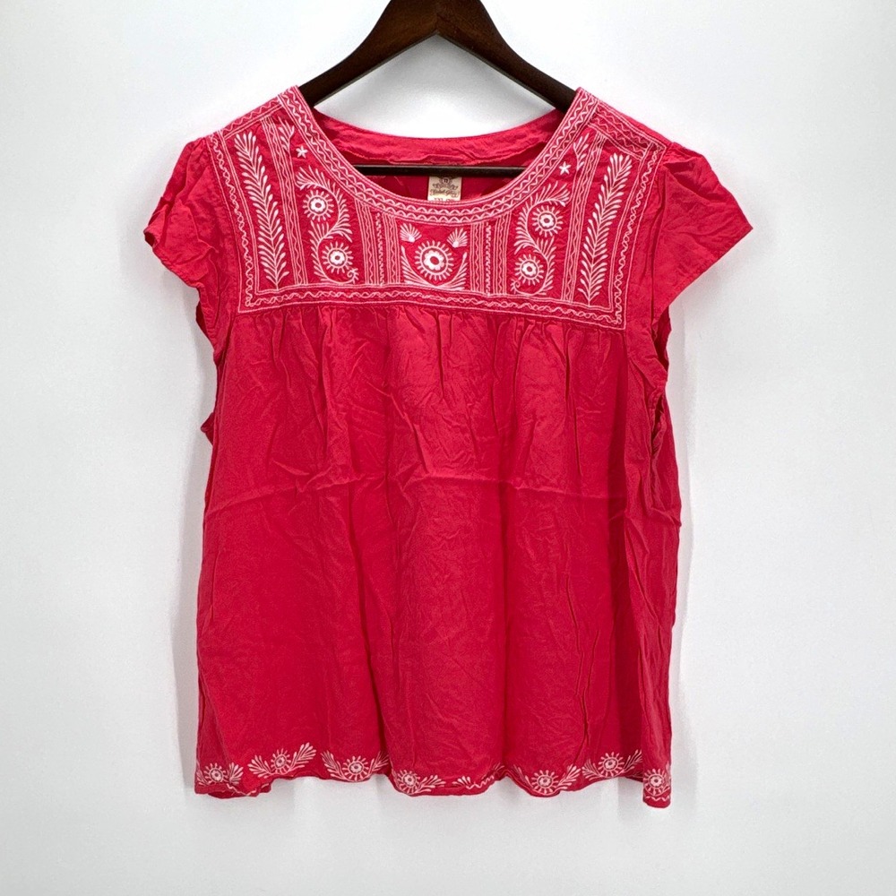 Faded Glory Womens 2XL Plus Red Floral Embroidered Rayon Scoop Neck Blouse